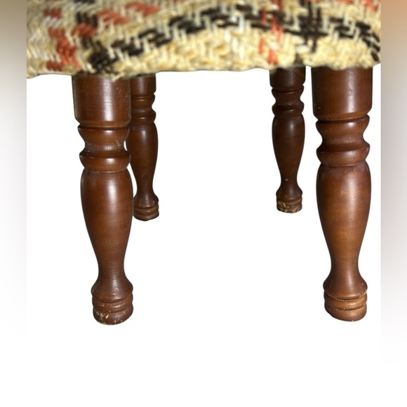SOLD ❤️ Mid Century CRAWFORD Vintage Plaid Footstool Tan Orange Brown + Wooden - Picture 3 of 10